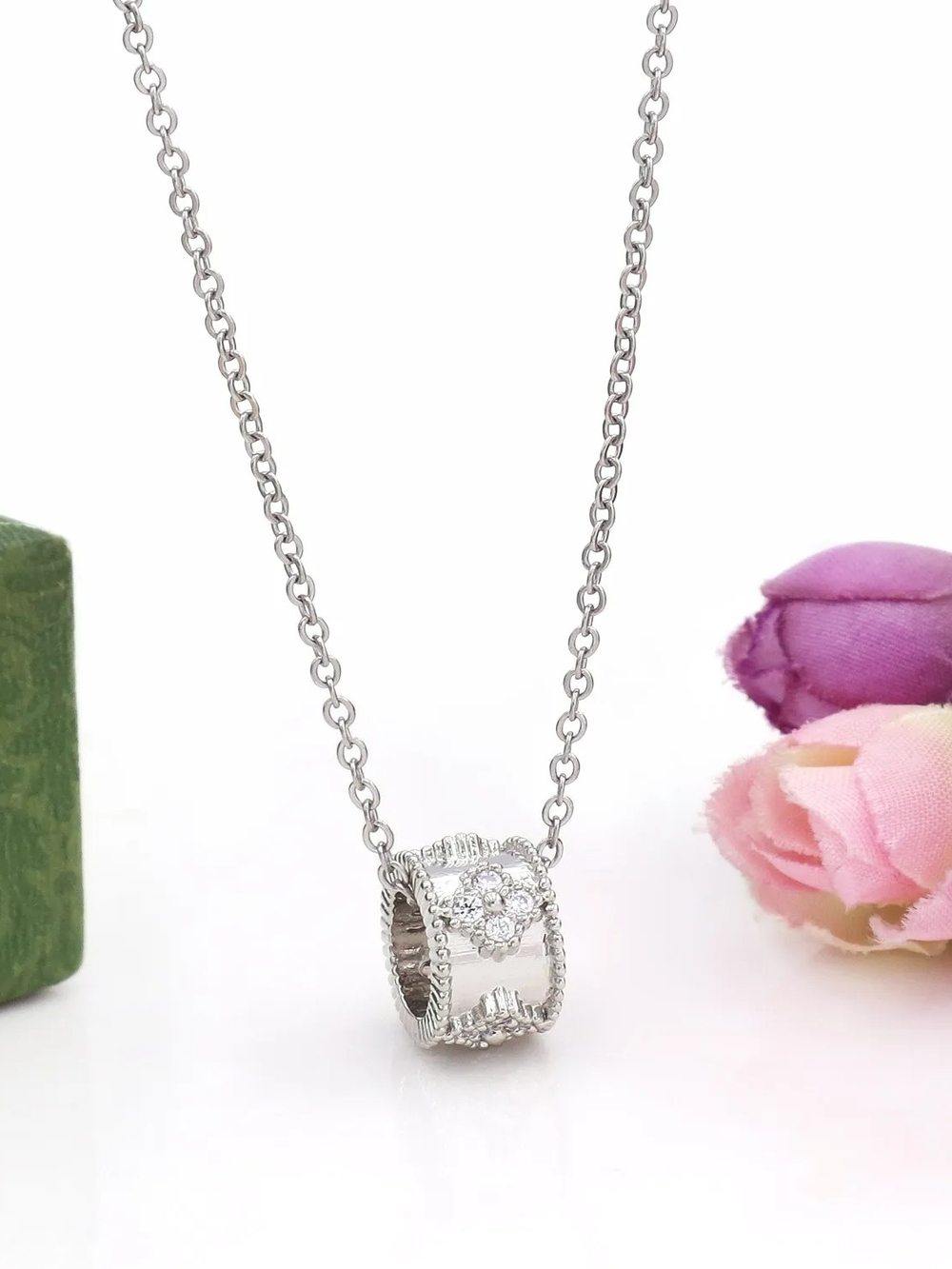 Silver Floral CZ Tube Pendant Necklace - Women's Jewelry